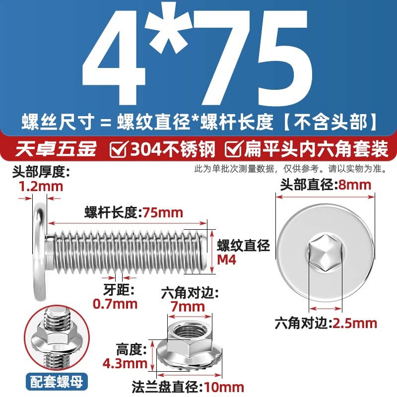 304不锈钢CM大平头超薄头C头扁平头内六角螺丝钉法兰边螺母套装M5|undefined