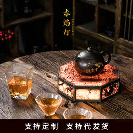 中式竹编竹古篱岩石氛围灯老锡石头六角台灯复古茶桌烛台宫灯摆件