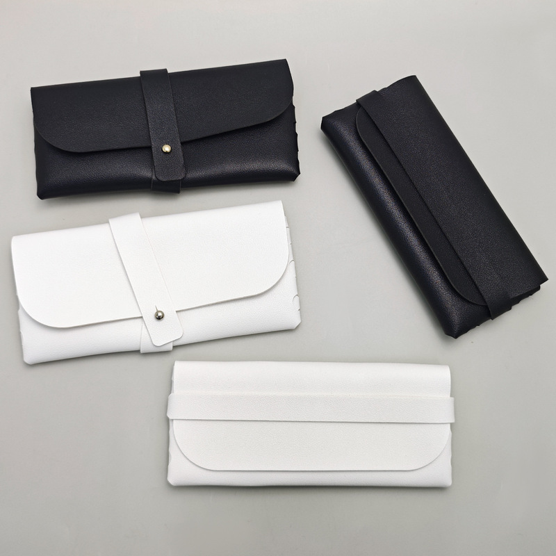 Wallet-Style Large Leather Eyeglass Case for Men and Women, Simple Black and White Fashion, Suitable for Prescription Glasses and Sunglasses, with Snap Closure