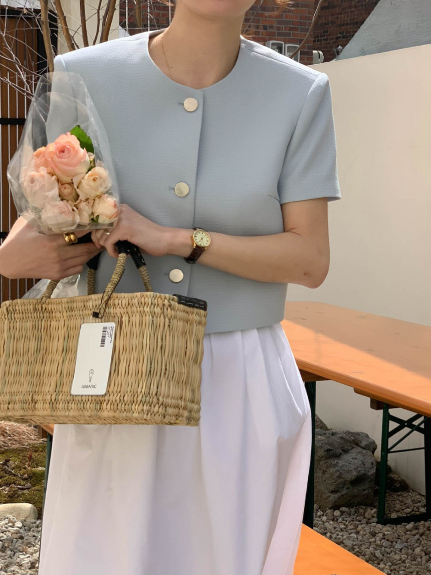 Corea del Sur chic verano estilo chanel cuello redondo de un solo pecho casual todo partido manga soplo abrigo corto de las mujeres chal