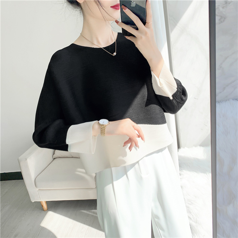 2022 Primavera y Otoño Nueva tapa plisada palillo de dientes de las mujeres a juego de color suelto urbano casual camiseta moda todo a juego