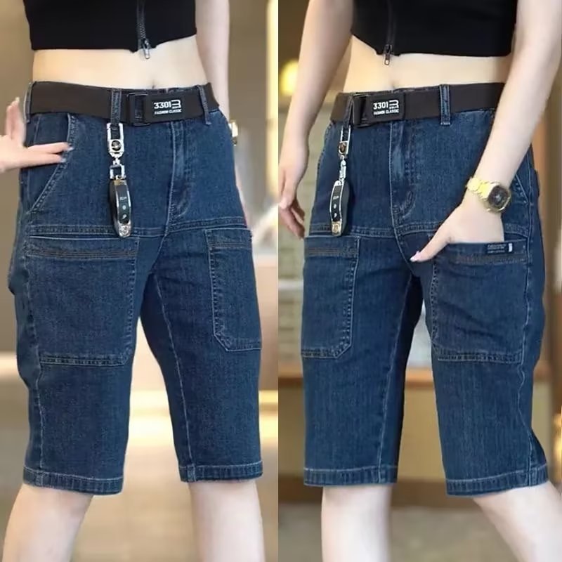 Summer thin six pocket Denim shorts men's slim fit versatile washed casual pants men's trendy Korean style straight pants