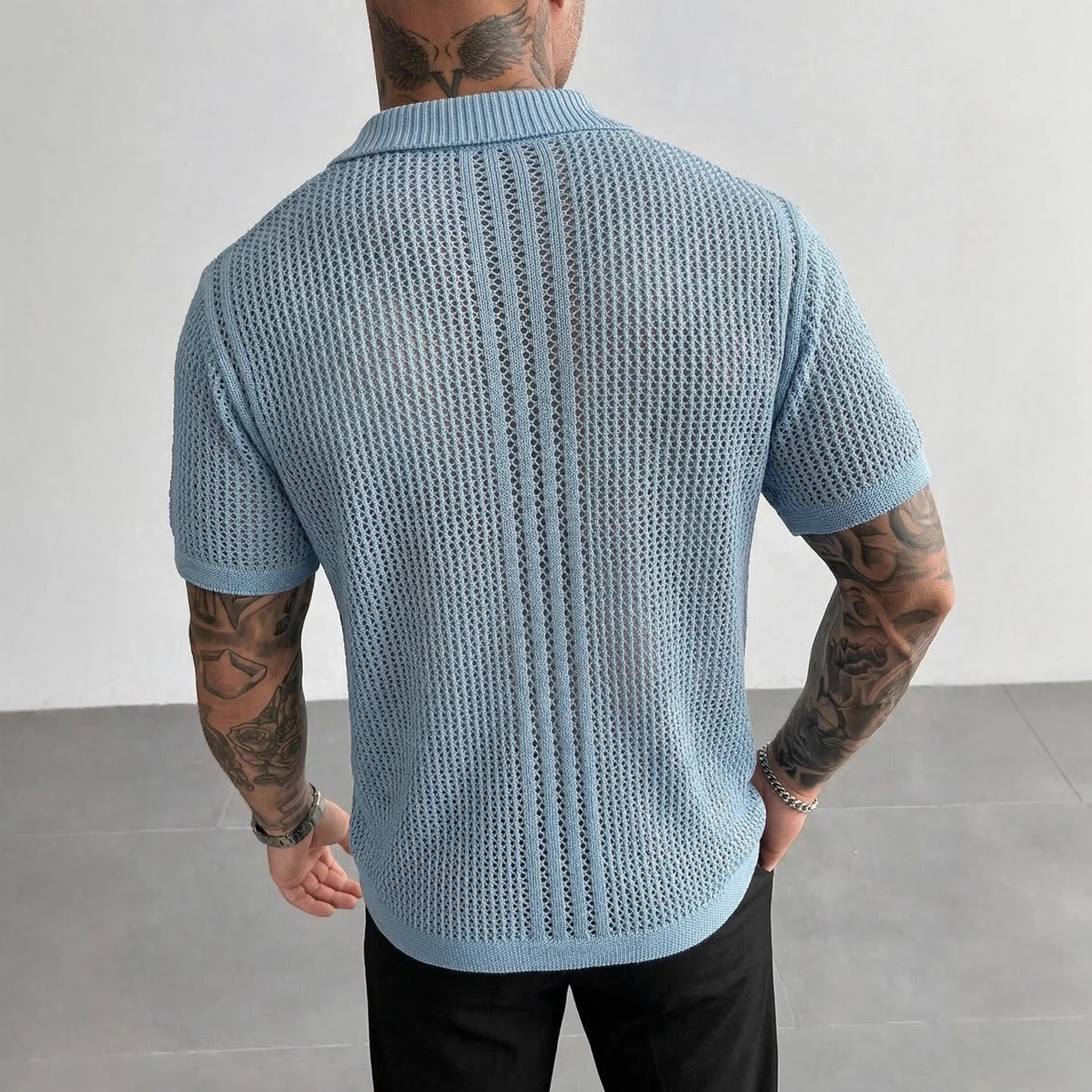 Hellblaues Strick-poloshirt Für Herren Mit Luftigem Netzmuster_voghion.com