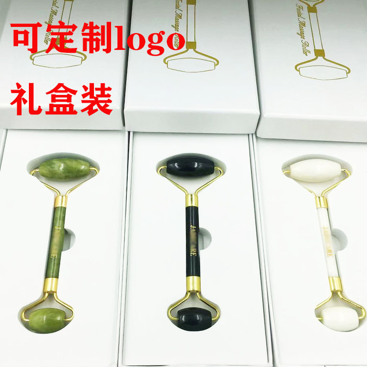 源头工厂直供玉石滚轮按摩棒脸部白绿甲翠双头美容容器岫玉礼盒装