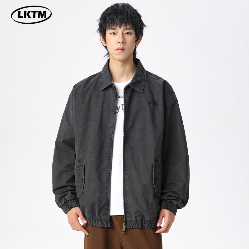 LKTM男装#重磅300g宽松水洗翻领夹克男秋冬高密双经斜棉痞帅外套