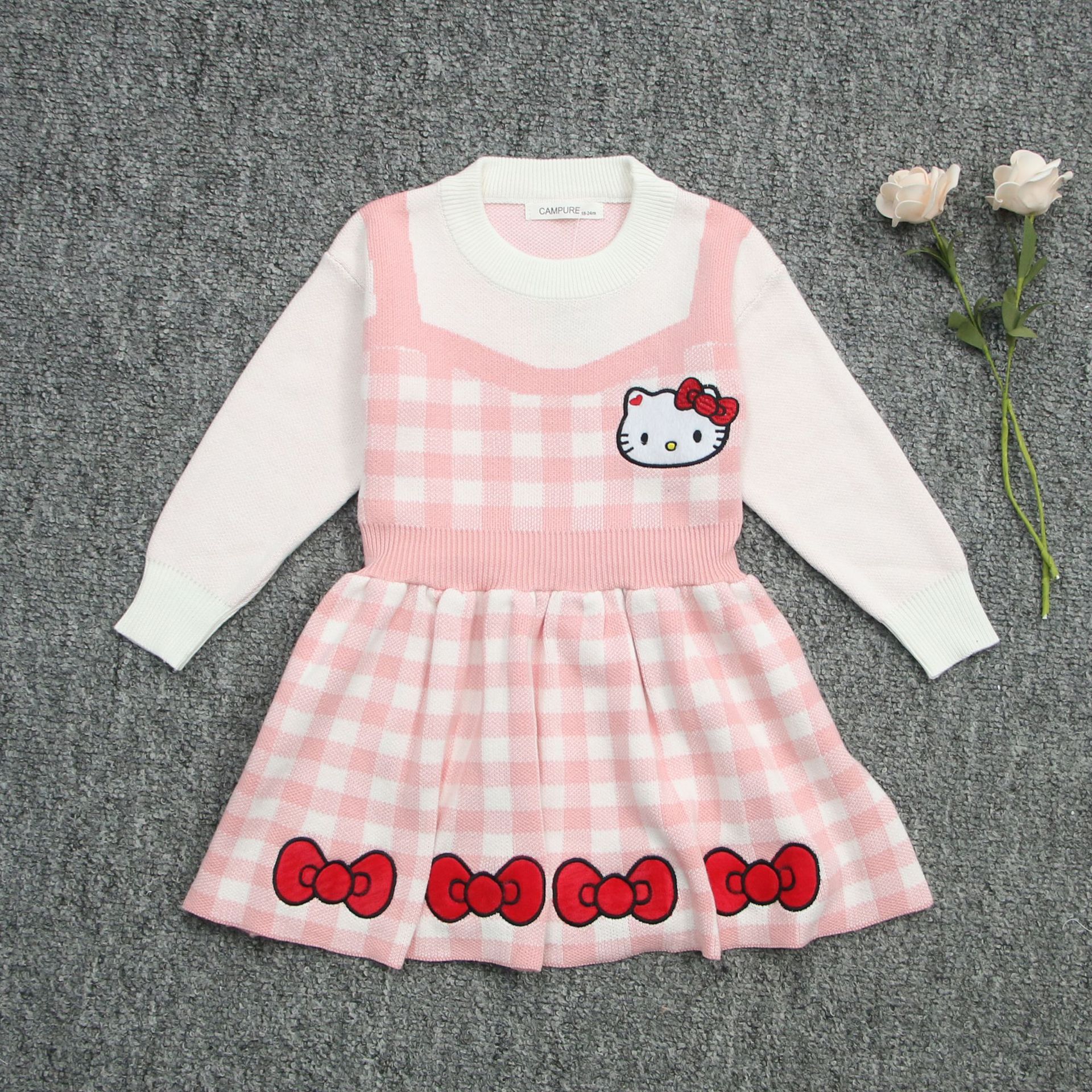 2024 New cute pink Cartoon Doll girl dress autumn and winter warm fake two-piece baby girl full body skirt