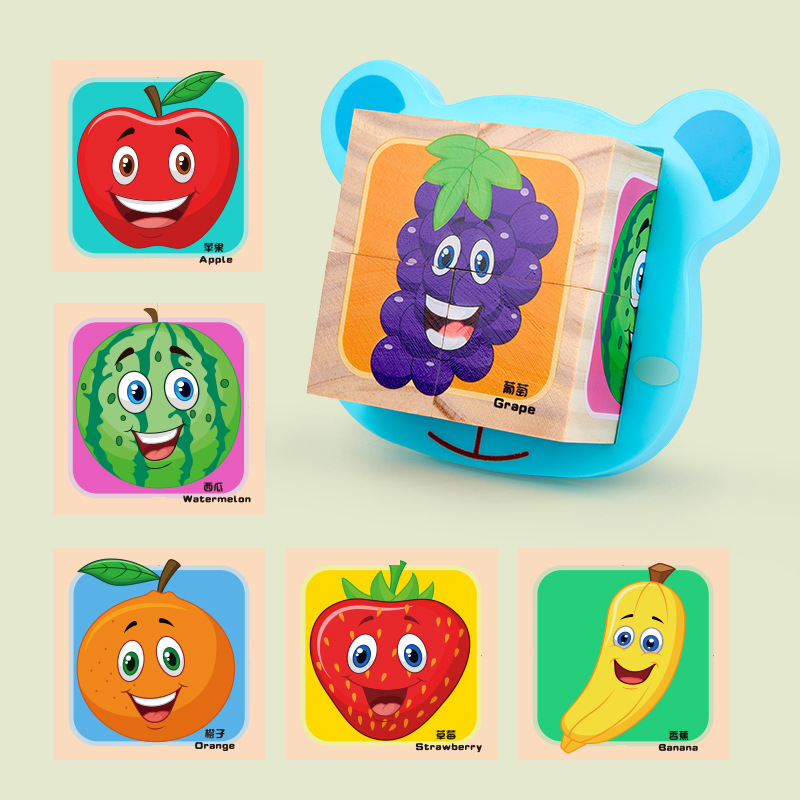 Educación temprana educativa para niños de madera Ilustración jengle dinosaurio de madera pintura de seis caras 3D bloques de construcción tridimensionales juguetes de rompecabezas