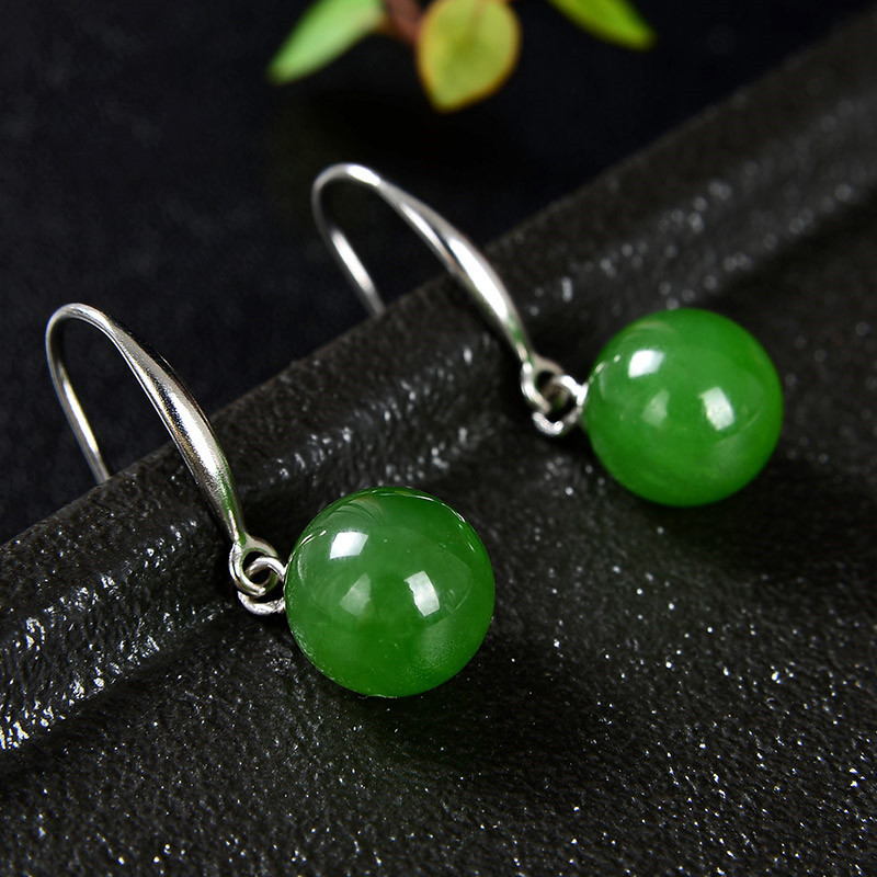 925银镶和田玉耳环女款9.5mm碧玉耳坠耳钉耳饰圆珠玉石耳环女