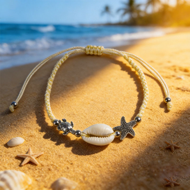 Popular European and American Cross-Border Bestseller Starfish Shell Bracelet, Small Turtle Handmade Woven Bracelet, Beach Surfing Wristband