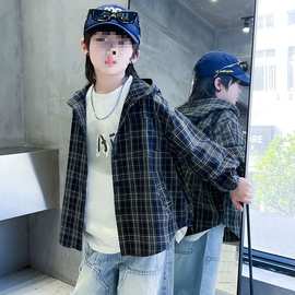 男童春秋衬衫外套2025新款儿童男孩春装连帽格子上衣外穿开衫潮酷