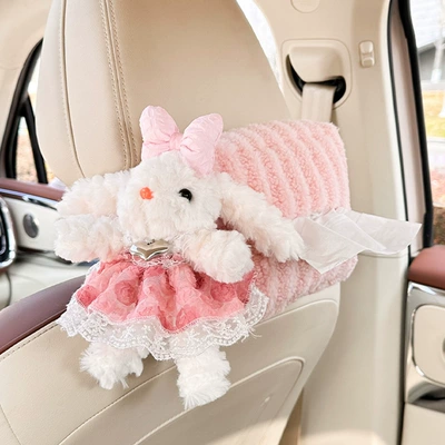 Blue Rain Cute Plush Car Tissue Box Cartoon Car Tissue Holder Plush Doll Car Tissue Bag Hanging Type (Car tissue box/set) - moon-velvet-striped-tissue-box-pink-long-eared-rabbit