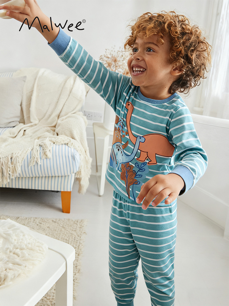 Malwee transfronterizo niños estriados ropa de hogar otoño y invierno nuevo cuello redondo manga larga set de niños europeos y estadounidenses ropa de niños