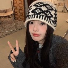 复古菱形提花针织渔夫帽韩国小众设计款毛线帽防寒护耳套头帽冬季