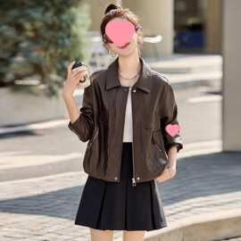 复古皮衣外套女潮春秋新款宽松百搭时尚立领机车皮夹克洋气