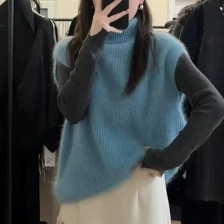 韩系蓝色高领无袖针织马甲背心女秋冬独特超好看外搭叠穿坎肩毛衣