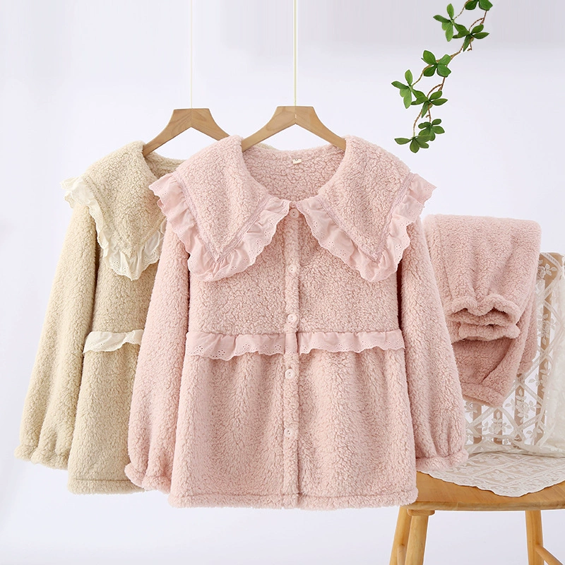 Фланелевая Пижама женская утолщенная теплая осенне-зимняя флисовая подкладка с длинным рукавом из кораллового флиса с большими лацканами Домашняя одежда костюм из двух частей