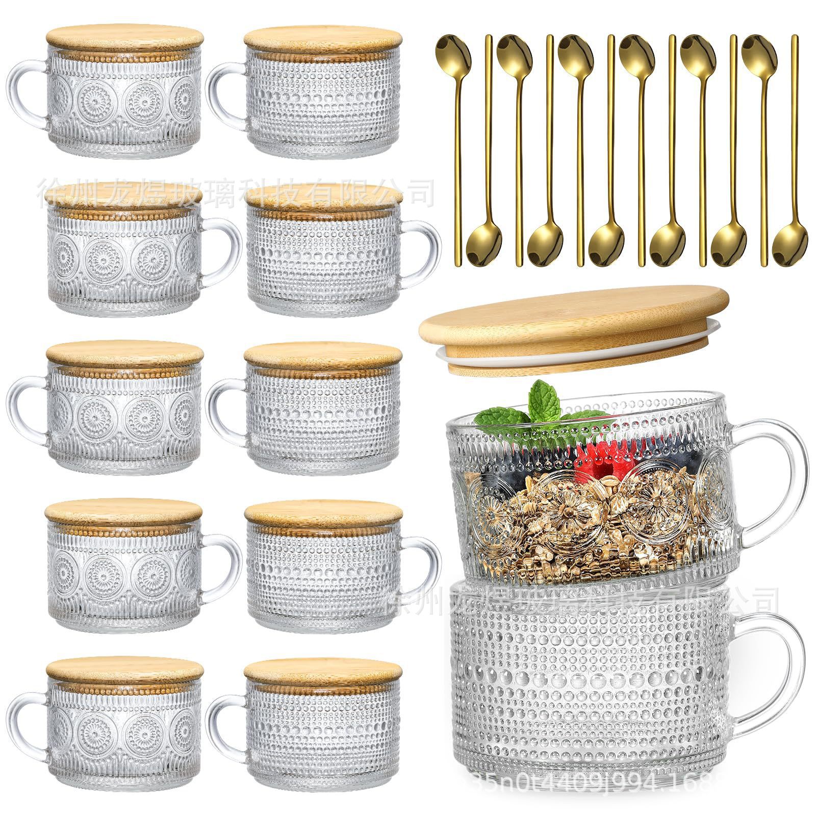 Transfronterizo amazónica flor de sol relieve desayuno leche durante la noche taza de avena con tapa con cuchara taza de ensalada