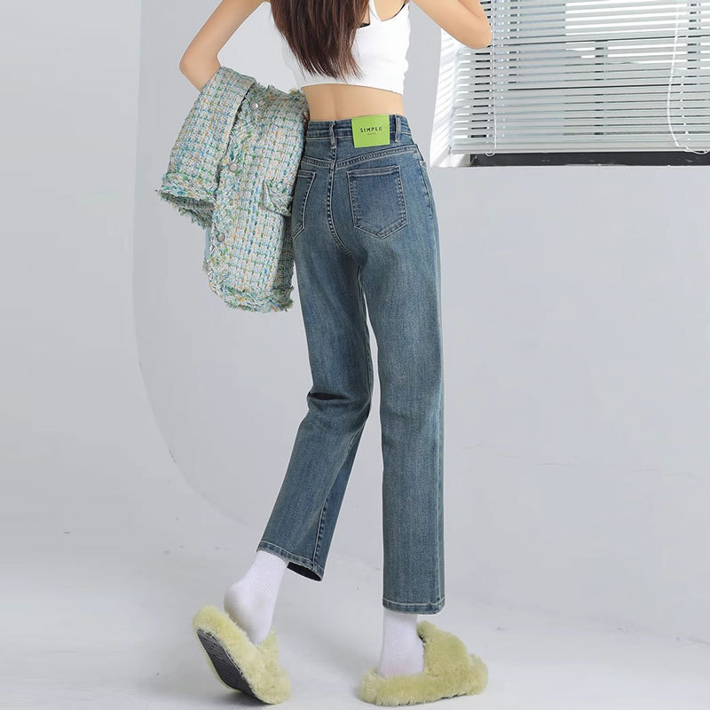Short Leg-Showing Straight Jeans Women's Smoke Pipe Nine-Fit Slim Retro Stretch Fashion High Waist Green Label Small Straight Pants