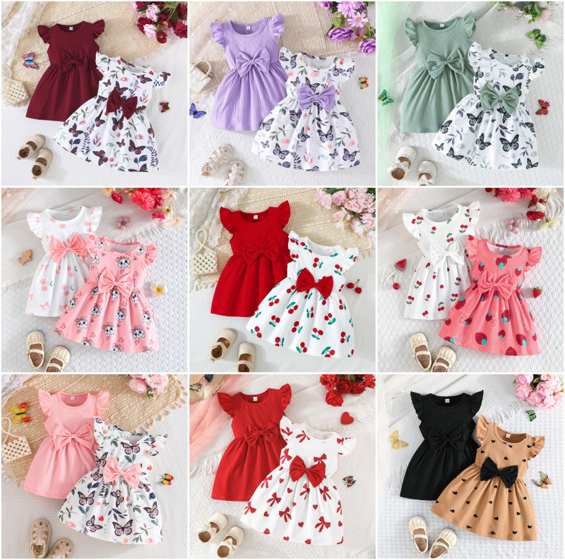 New Summer Girls' Bowknot Dress, Ribbed Flutter Sleeve Baby Girl Princess Dress 2-Piece Set New Summer Girls' Bowknot Dress, Ribbed Flutter Sleeve Baby Girl Princess Dress 2-Piece Set