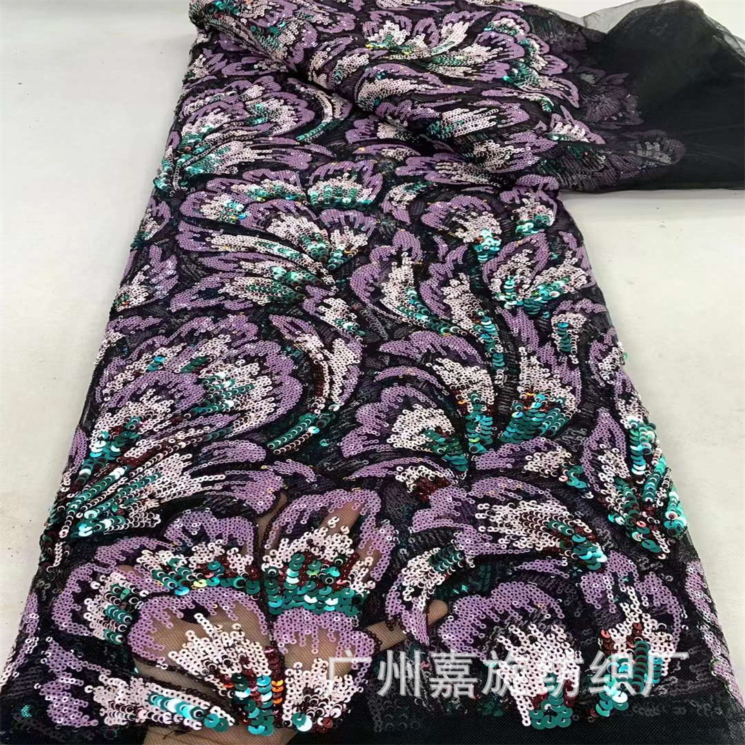 Moda estilo étnico posicionamiento flor lentejuelas bordado vestido de encaje africano vestido de escenario de boda tela de encaje