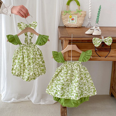 24夏季新款韓版嬰兒衣服女寶寶包屁衣女童飛袖一字領2件套姐妹裝