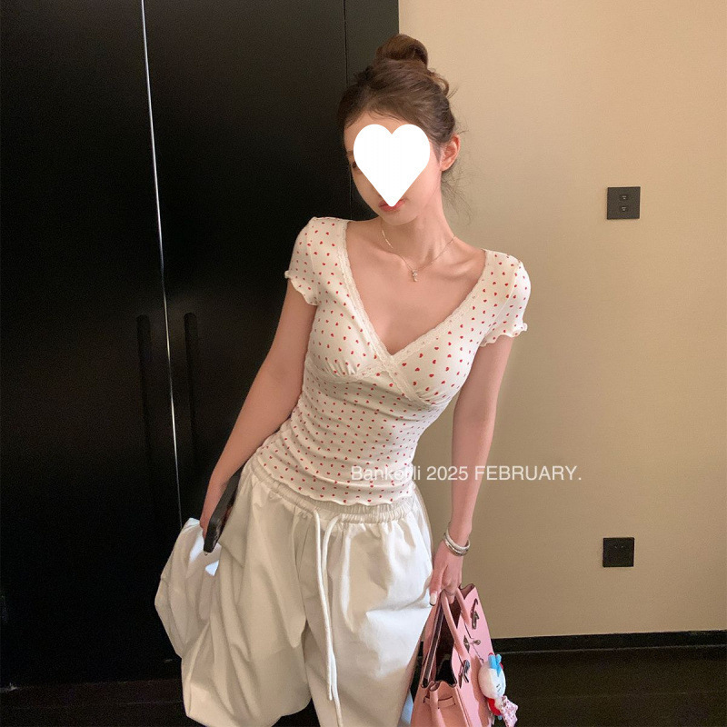 Vネックレーススプライシング半袖Tシャツレディース夏韓国風痩身ボトリングシャツホットガール純粋な欲望スタイルショートトップ|undefined