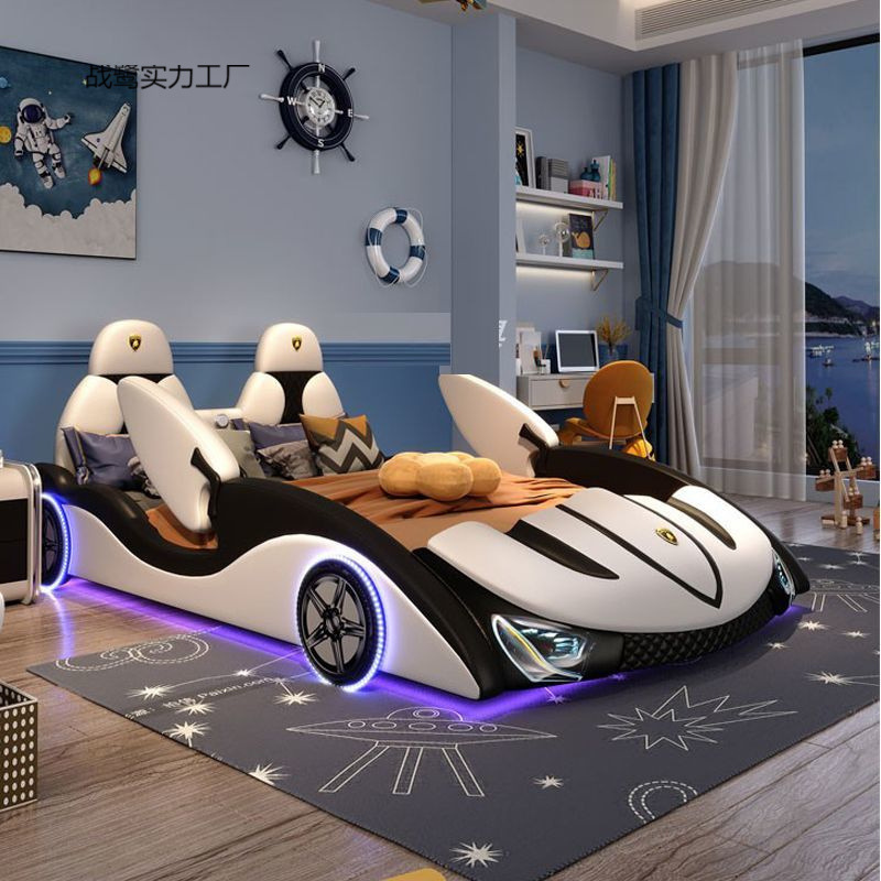 現代のシンプルな子供のベッドの男の子の漫画のスポーツカーの自動車のベッドはガードレールのシングルベッドのネットの赤い子供の部屋の真皮のベッドを持ちます。|undefined