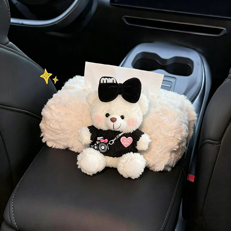 Bear-shaped car tissue box, armrest box tissue holder, creative car decoration, plush toy, interior car accessory for women with a high-end feel