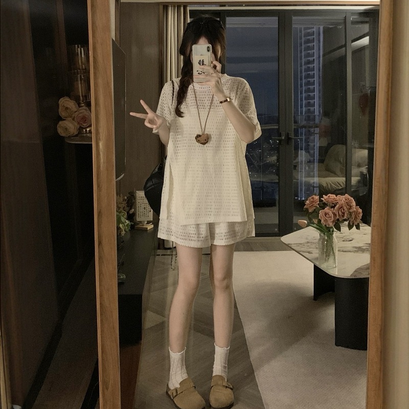 大码夏装夏季胖显瘦遮肉设计感镂空短袖恤上衣阔腿裤两件套装|undefined