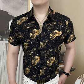 欧货潮流高级感夏季薄款男士短袖衬衫时尚百搭休闲印花翻领衬衣男