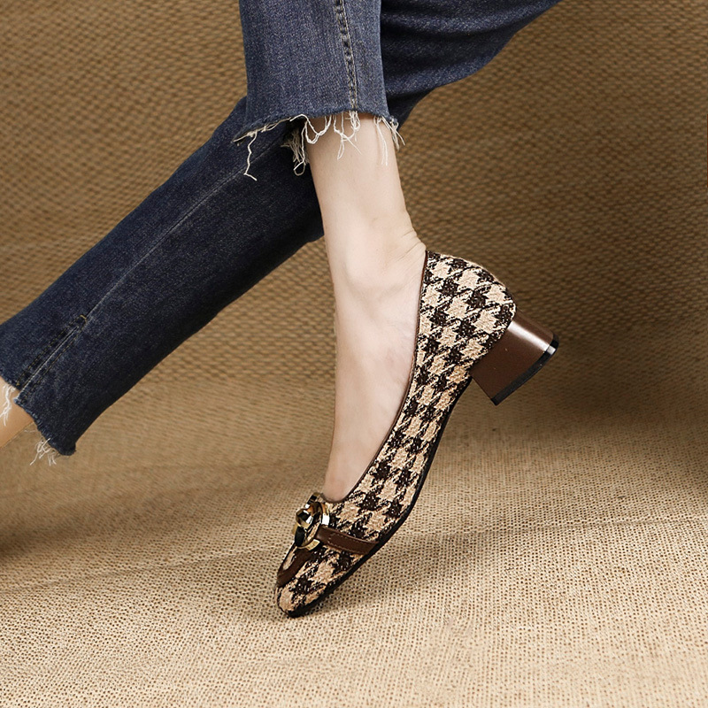 Houndstooth Square Toe Casual Single Shoes Women Summer New Metal Chain Low Heel Shallow Mouth S Soft Bottom Slip On_voghion.com