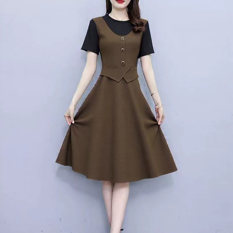 Юбка средней длины из двух частей с короткими рукавами, новый летний стиль, закрывающая живот, утягивающая, модная и стильная одежда для мам, горячий стиль интернет-знаменитостей для женщин