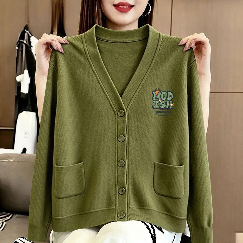 V-neck button-down ribbed knit cotton top with unique print, 2026 spring/autumn new design, long-sleeved outerwear for women