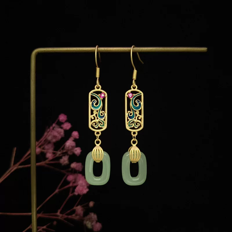Ретро-Enamel серьги в виде защитного амулета, имитация нефрита, позолоченная филигрань, легкий