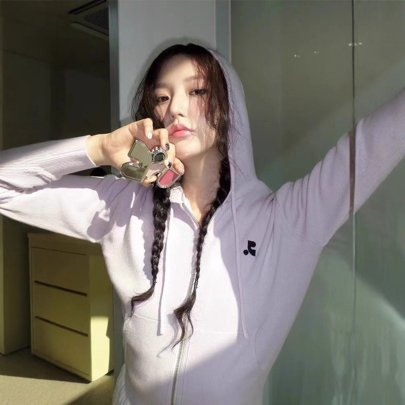 Korean Trendy Brand Rest&R Classic Embroidered Double-Pull Hooded Zipper Knitted Sweater Cardigan Slim Short Style for Women