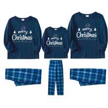 欧美跨境圣诞节亲子装家庭套装 2024 蓝色长袖上衣配蓝色格子睡衣