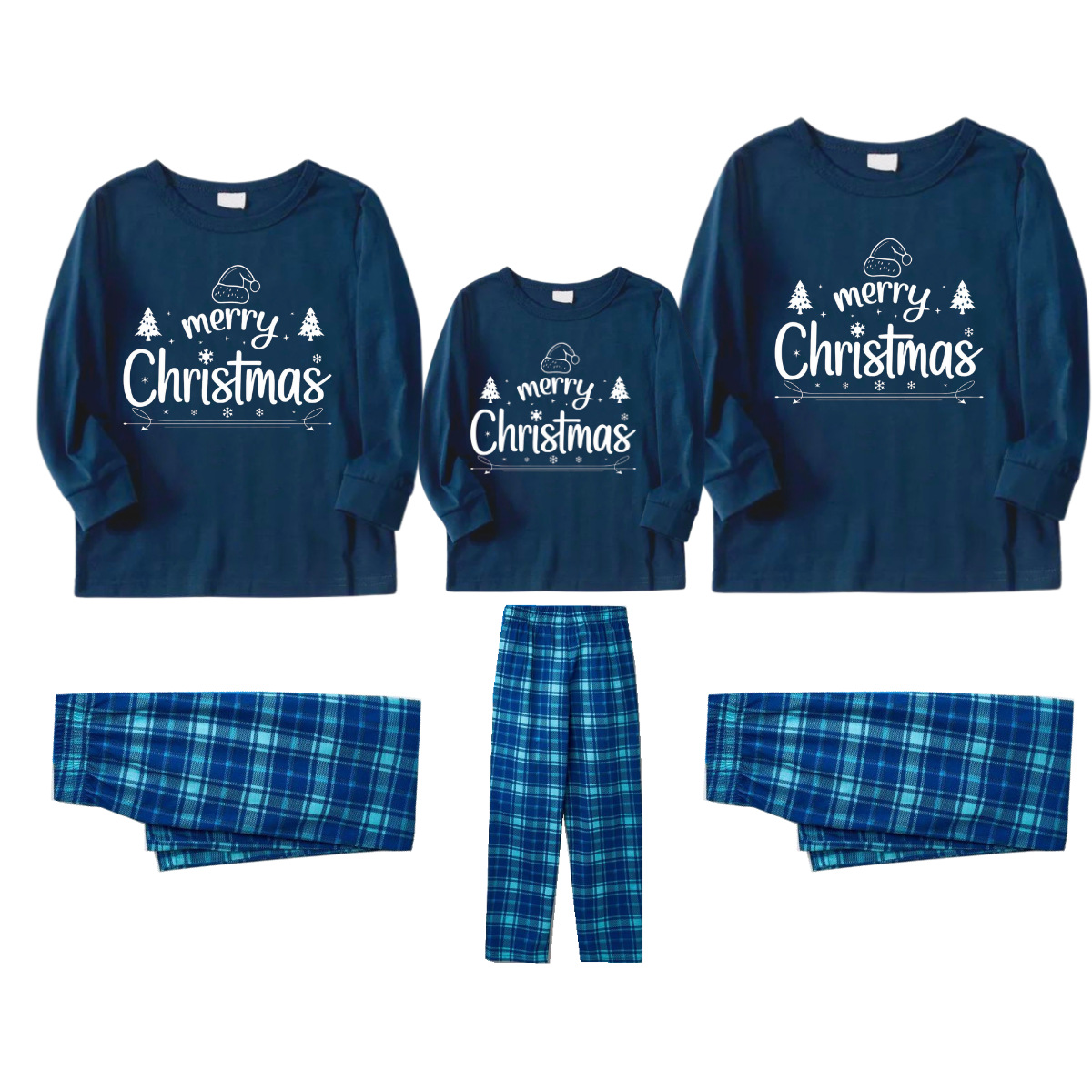 欧美跨境圣诞节亲子装家庭套装 2024 蓝色长袖上衣配蓝色格子睡衣