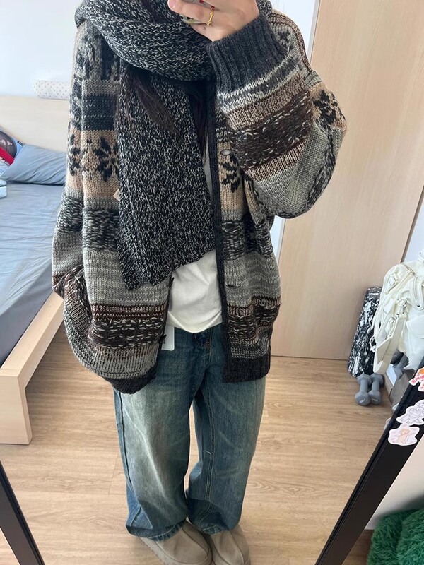 秋冬新款设计感重工多层图案费尔岛提花开衫毛衣外套女|undefined