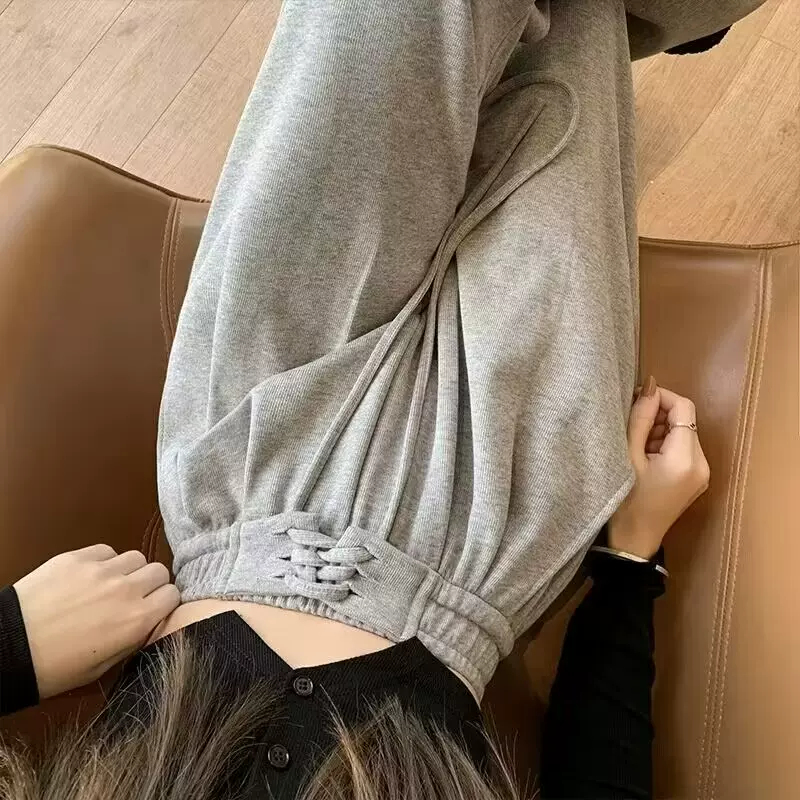 2025春秋新款绑带运动裤高腰垂感窄版直筒拖地休闲学生卫裤女潮