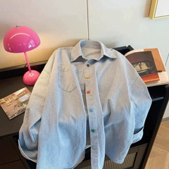 厂家直销蓝色条纹长袖衬衫女春季上衣2025新款宽松设计感复古撞色