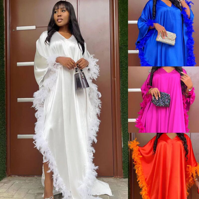 Fashion Africa BUBU Amazon Independent Station New Full Surrounded Feather High Vented Robe dress 8921#