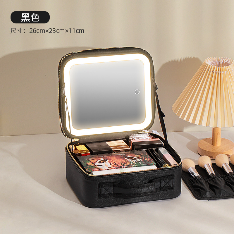 Bolsa de maquillaje con luz LED y espejo, bolsa de almacenamiento de cosméticos negra de gran capacidad, estuche de maquillaje en polvo, esencial para viajes con LED