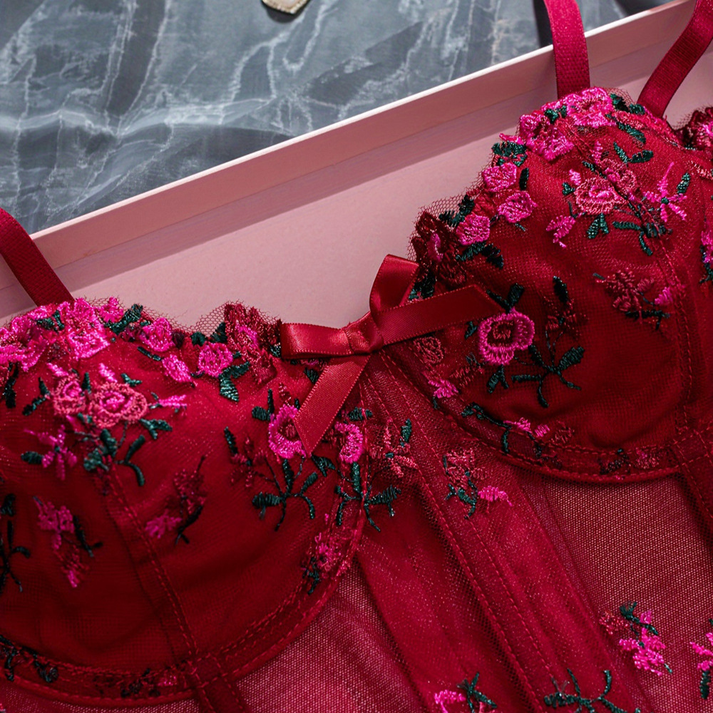 Women's Clothing Steel Ring Bra Embroidered Floral Bow Small Sling Fishbone Three Row Buckle Adjustable_voghion.com