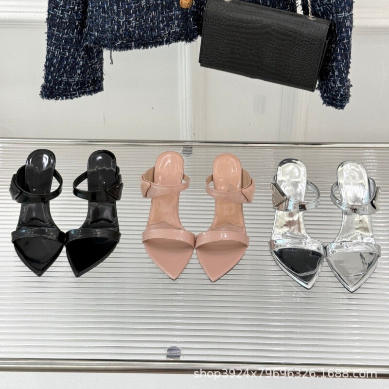 [High-End Quality] 2025 Classic Buckle Cow Patent Leather One-Line Strap Pointed Toe Stiletto High-Heeled Sandals and Slippers