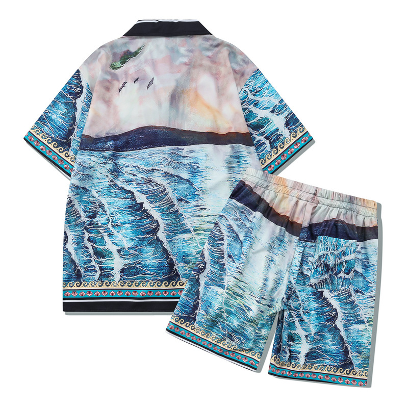 Chaoshen verano casual playa camisa de manga corta europea y americana impresión digital ola abstracta suelta traje cardigan hombres