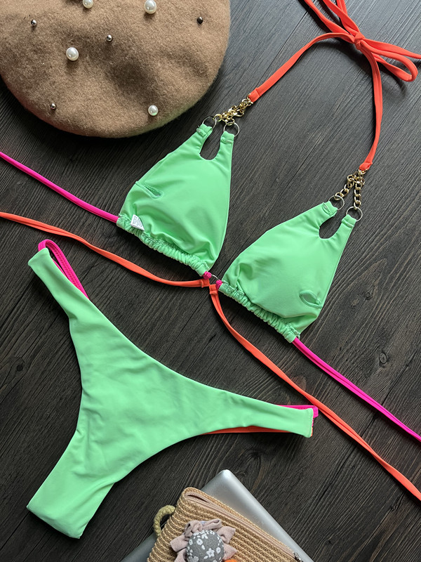 2023 neuer sexy rückenfreier Split-Badeanzug mit Kette aus Nylon-Patchwork-Bikini_voghion.com