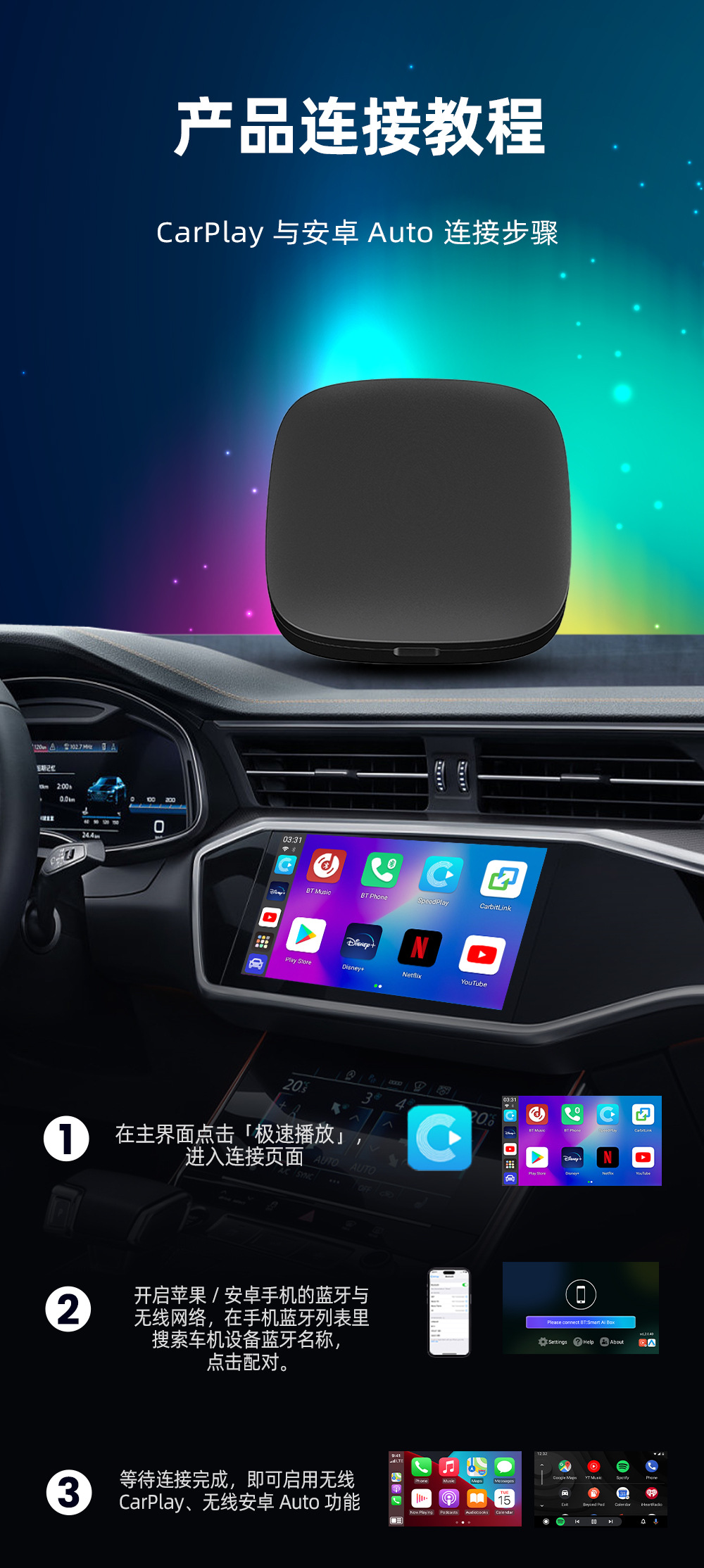 Wired Carplay to Wireless Android Smart Box with Dual Wifi, Youtube/Netflix Connectivity, Screen Mirroring, and Split Screen