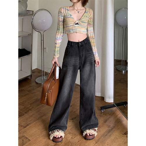 Women's Loose Straight Leg Wide Leg Floor-Length Black Vintage American Style Jeans for Plus Size Autumn Fat Mm High-Waisted