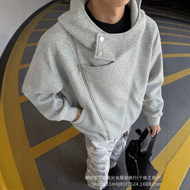 Irregular double-zipper hooded men's autumn trendy brand jacket with a cool design, heavy weight, loose fit, and versatile style