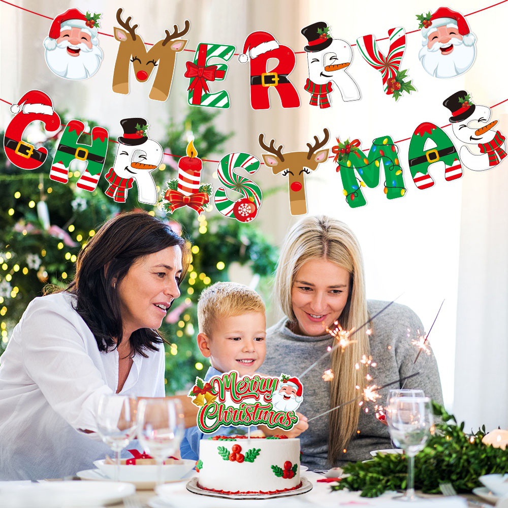 Decoración de fiesta de Navidad transfronteriza feliz Navidad tirar bandera Santa Claus árbol de Navidad pastel plug-in